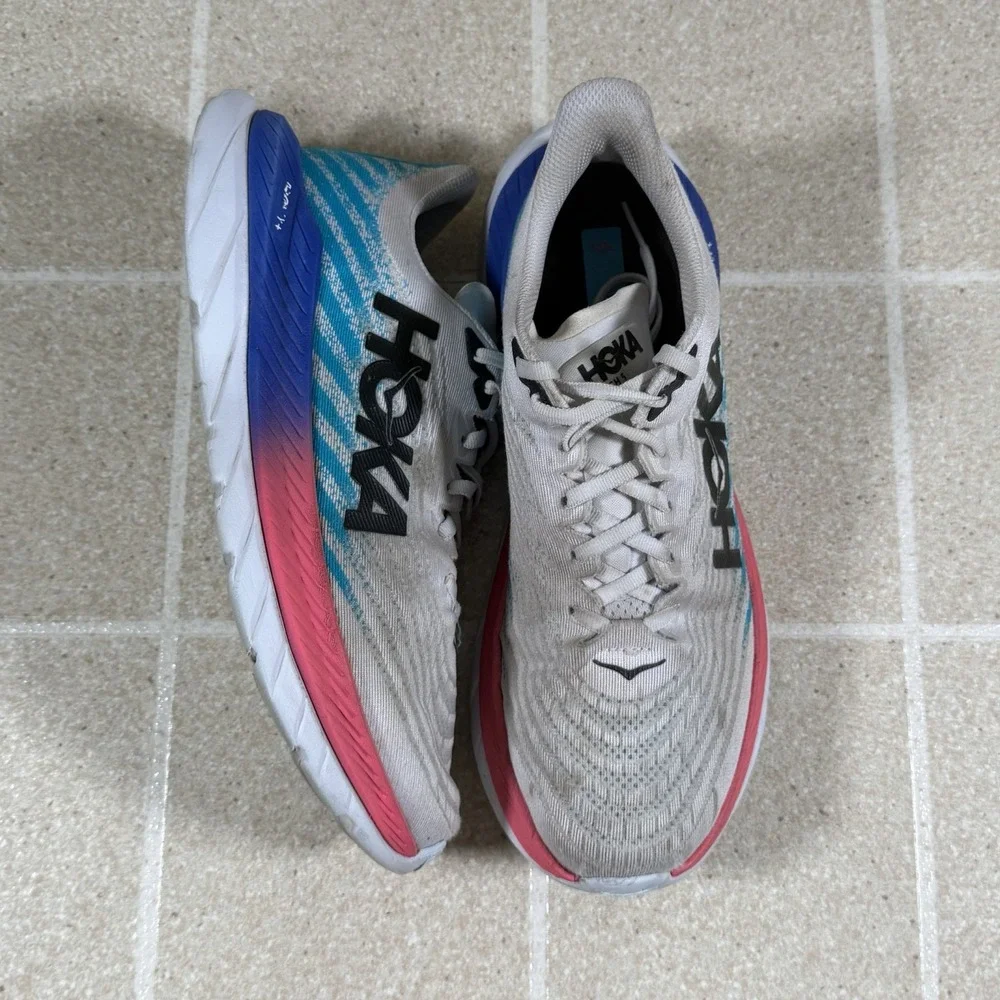 Hoka Shoes Men's Size 9D White Blue Pink Mach 5 1127893 WSBB Running Shoes